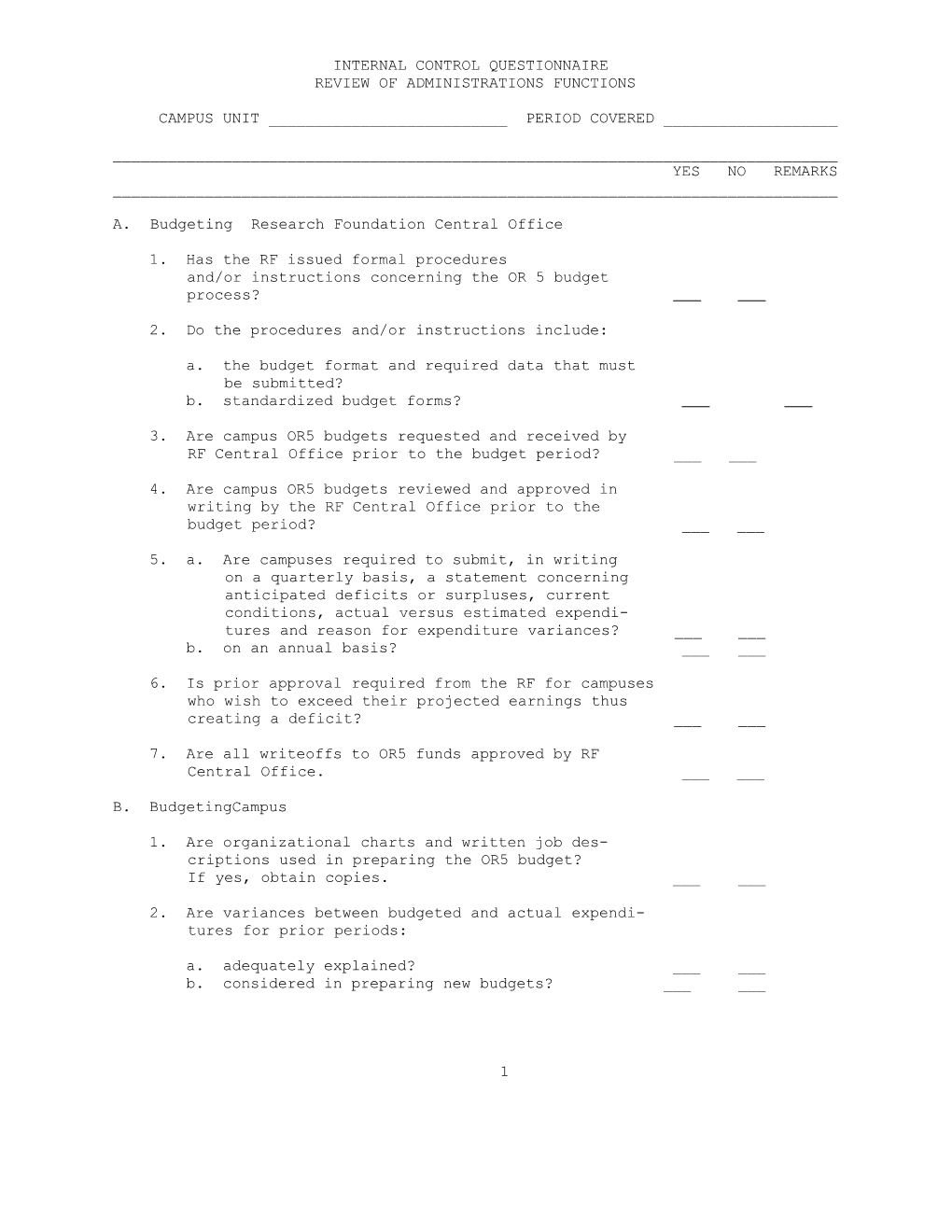 Internal Control Questionnaire