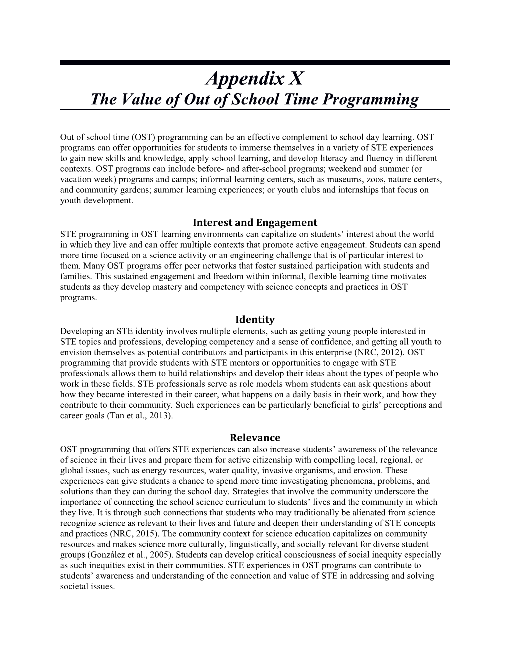 Appendix X: the Value of out of School Time Programming