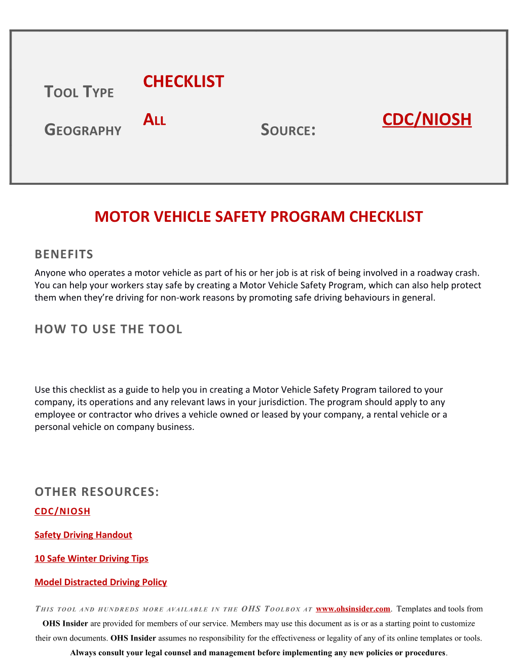 Motor Vehicle Safety Program Checklist