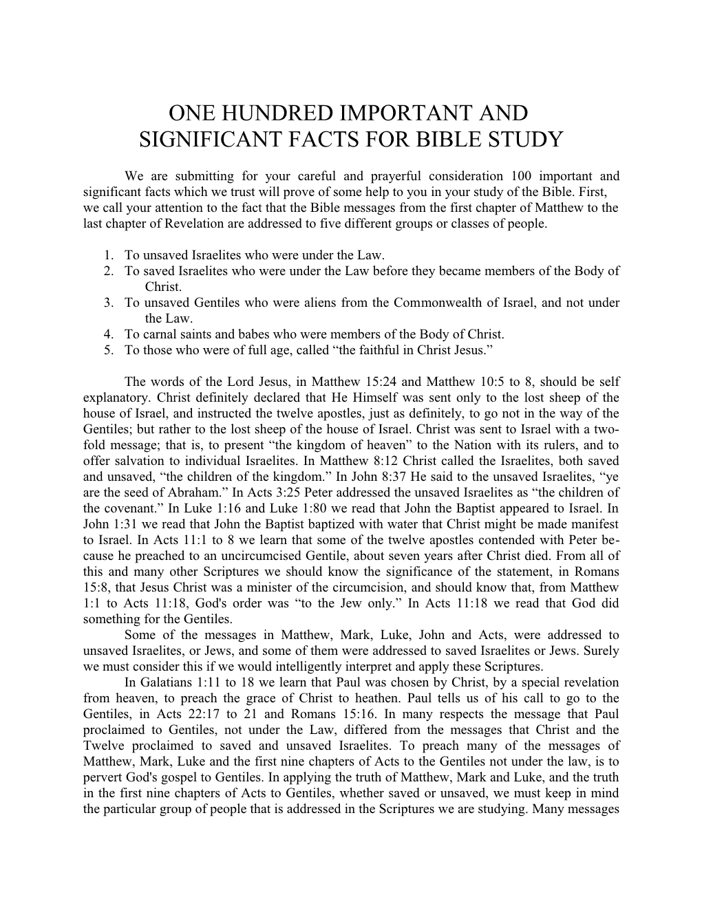 One Hundred Important and Significant Facts for Bible Study