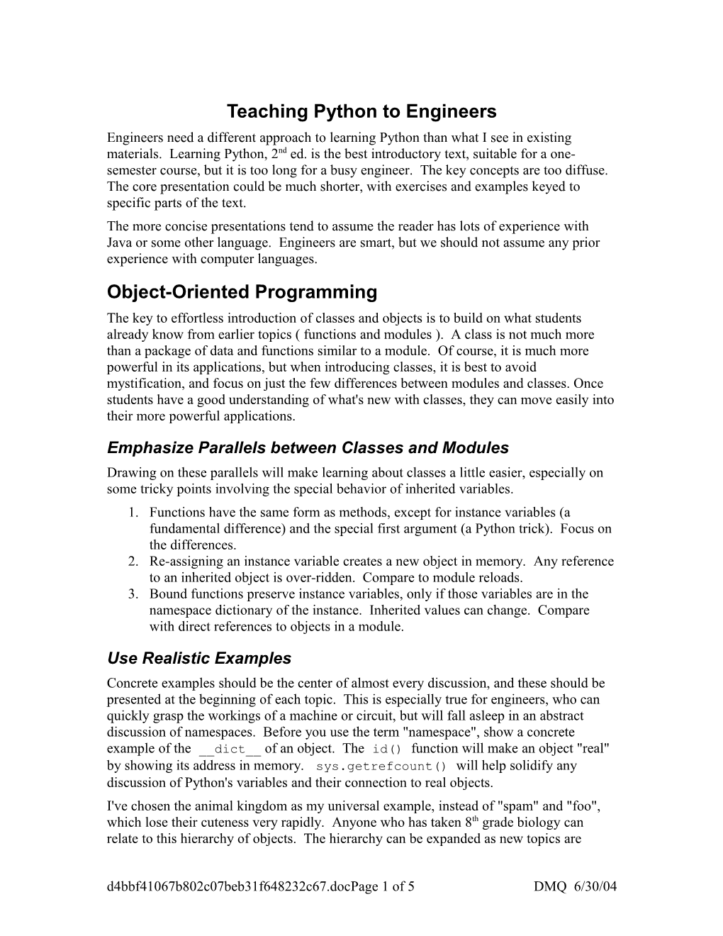 Teaching Notes for Object Oriented Programming