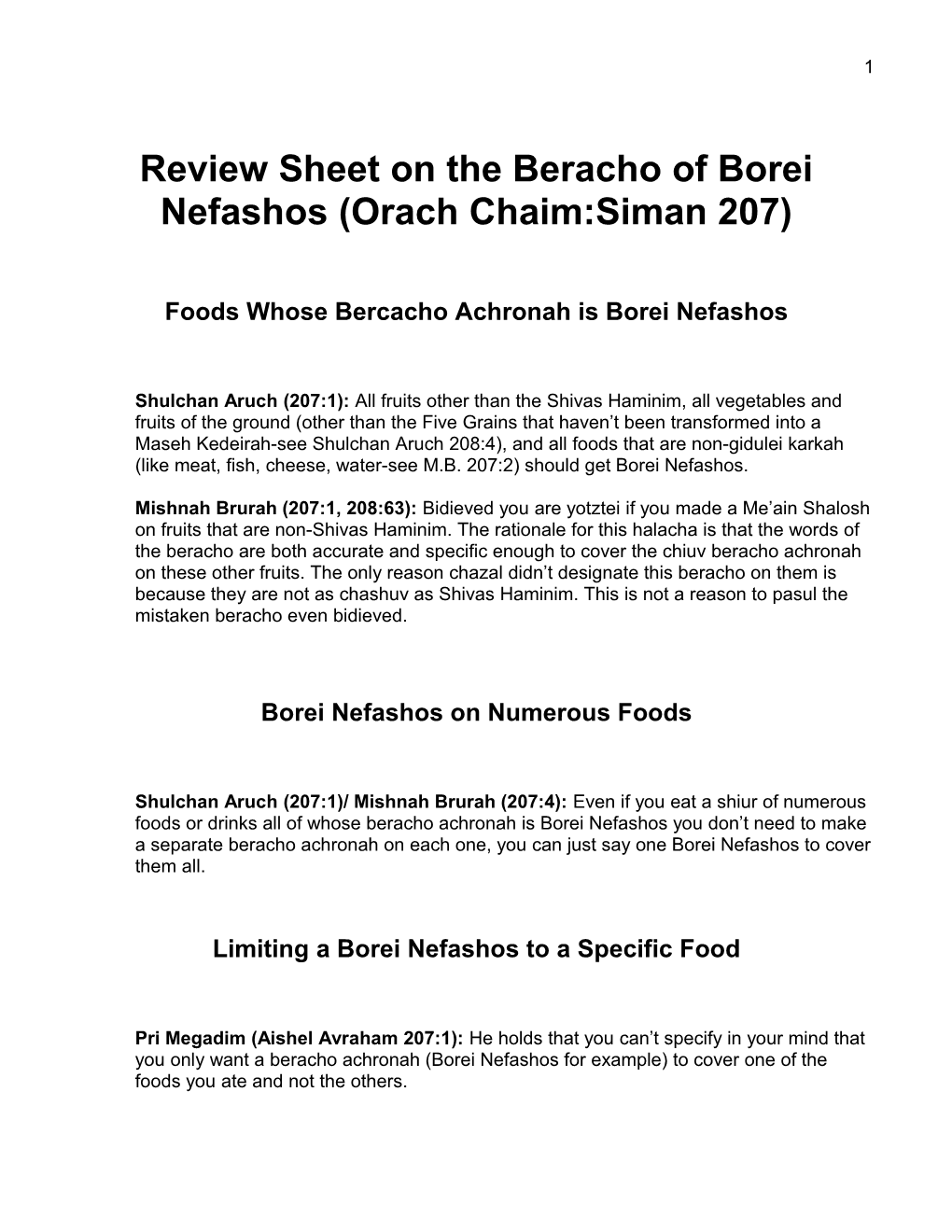 Review Sheet on the Beracho of Borei Nefashos (Orach Chaim:Siman 207)