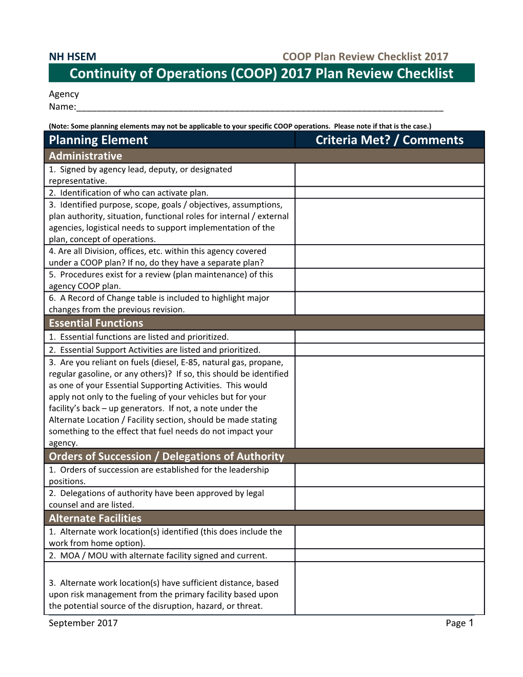 NH HSEMCOOP Plan Review Checklist 2017