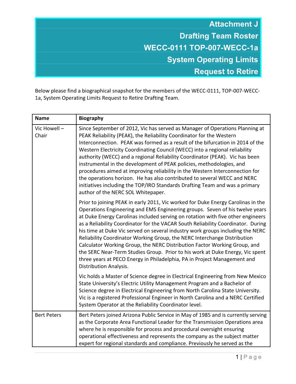 WECC-0111 TOP-007-WECC-1A Attachment J Drafting Team Roster with Biographies