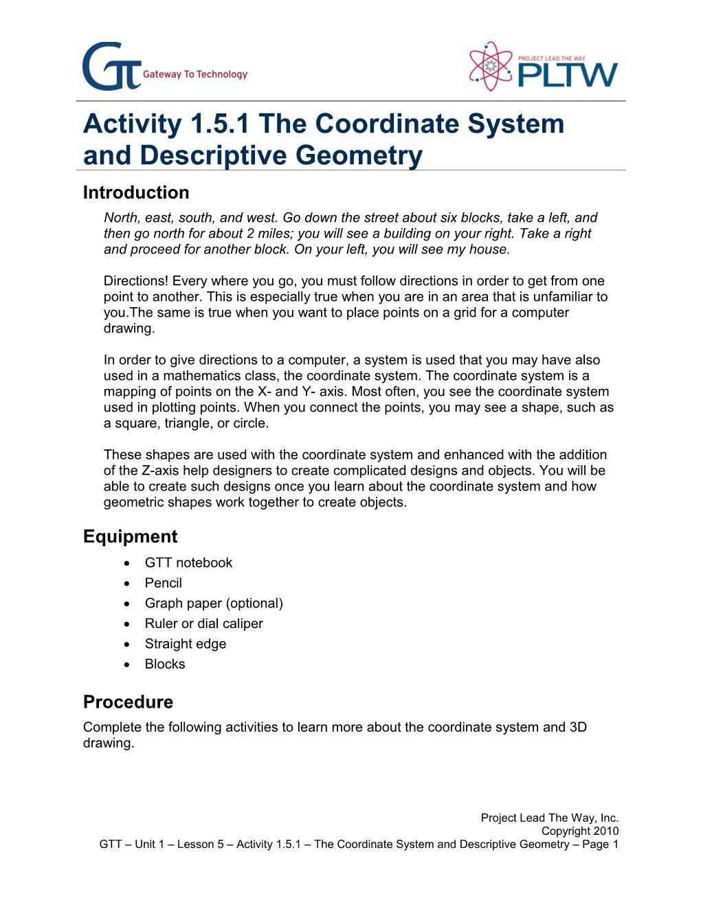 Activity 1.5.1 the Coordinate System and Descriptive Geometry