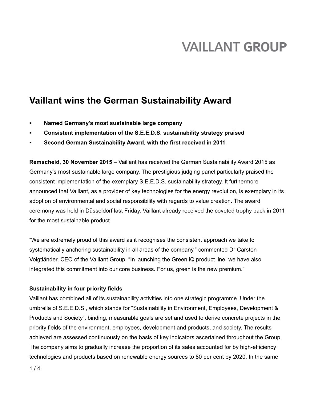 Vaillant Wins the German Sustainability Award