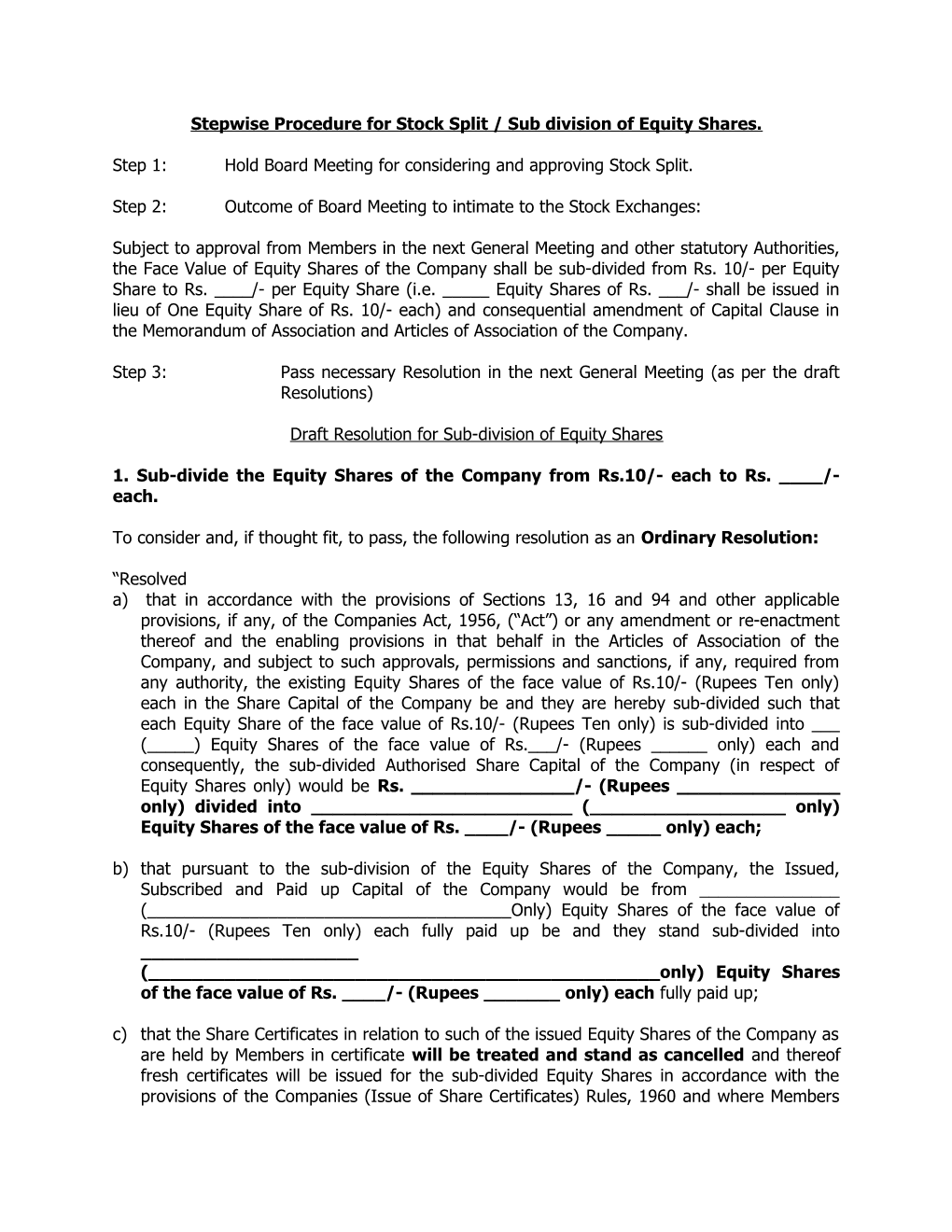 Stepwise Procedure for Stock Split / Sub Division of Equity Shares