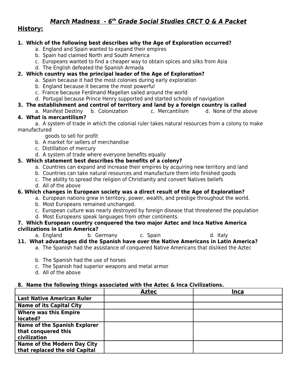 March Madness - 6Th Grade Social Studies CRCT Q & a Packet