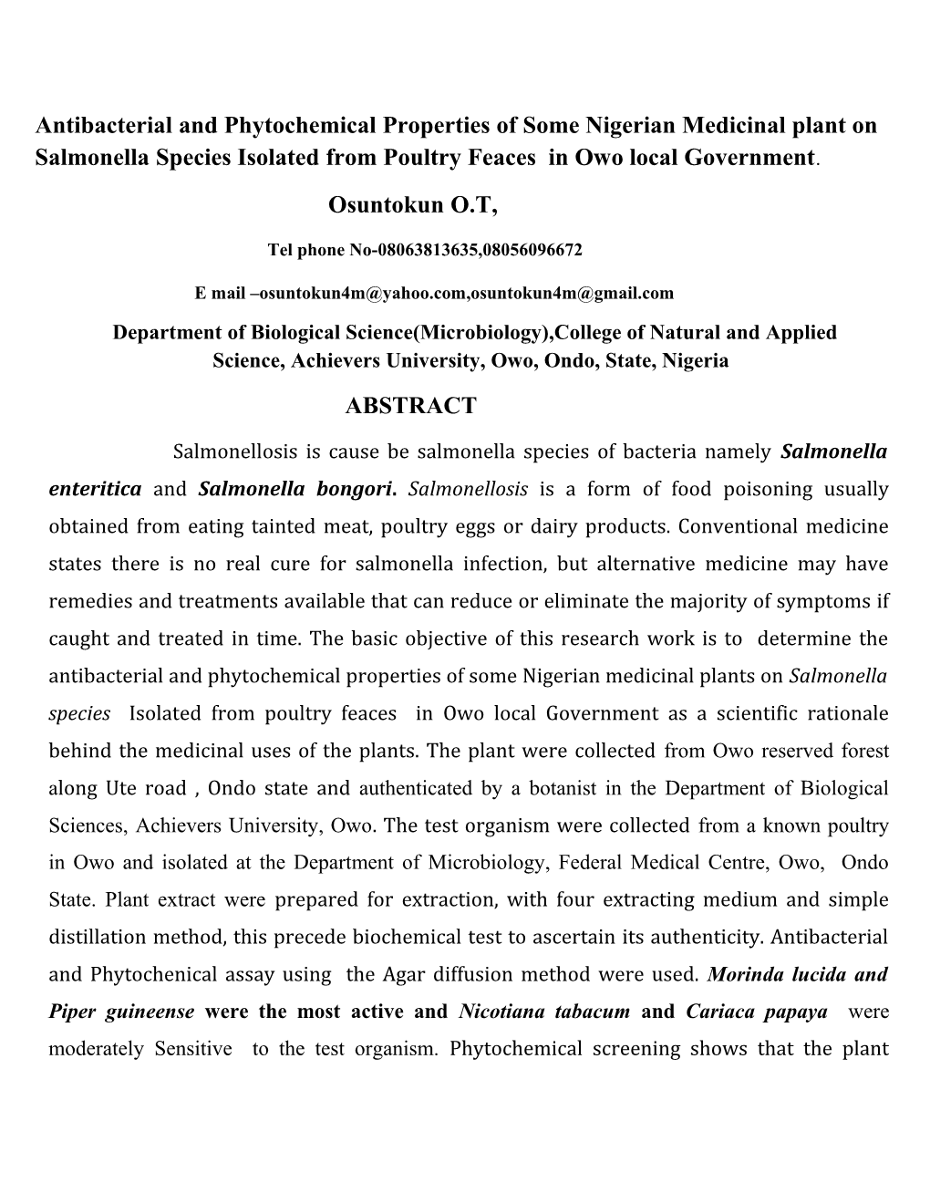 Antibacterial and Phytochemical Properties of Some Nigerian Medicinal Plant on Salmonella