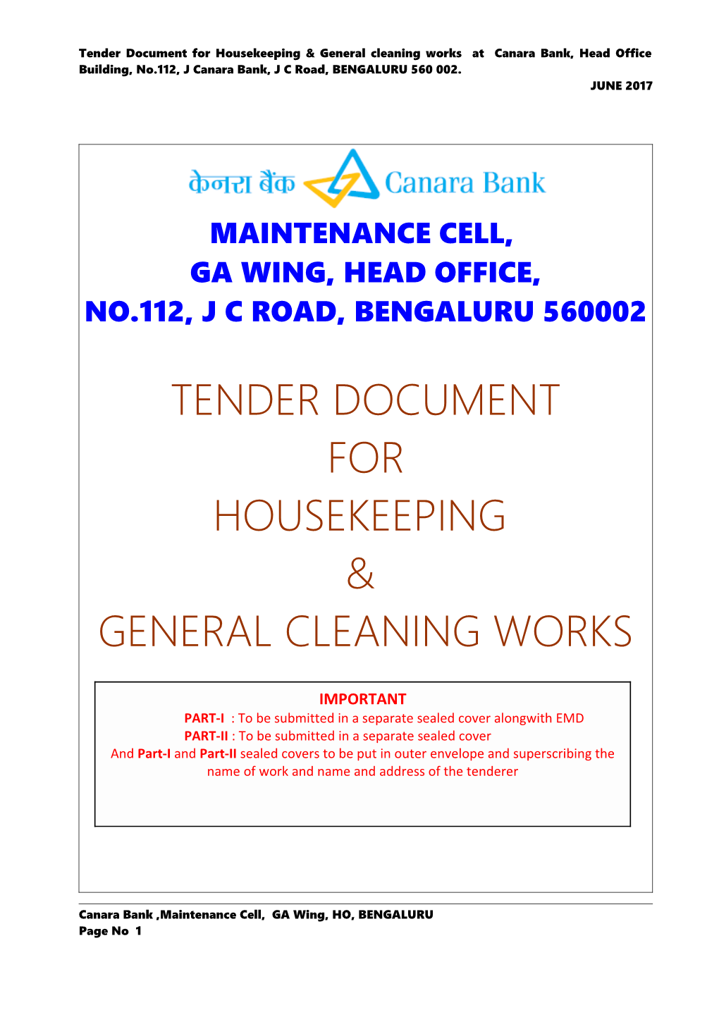 Tender Document for Housekeeping & General Cleaning Works at Canara Bank, Head Office