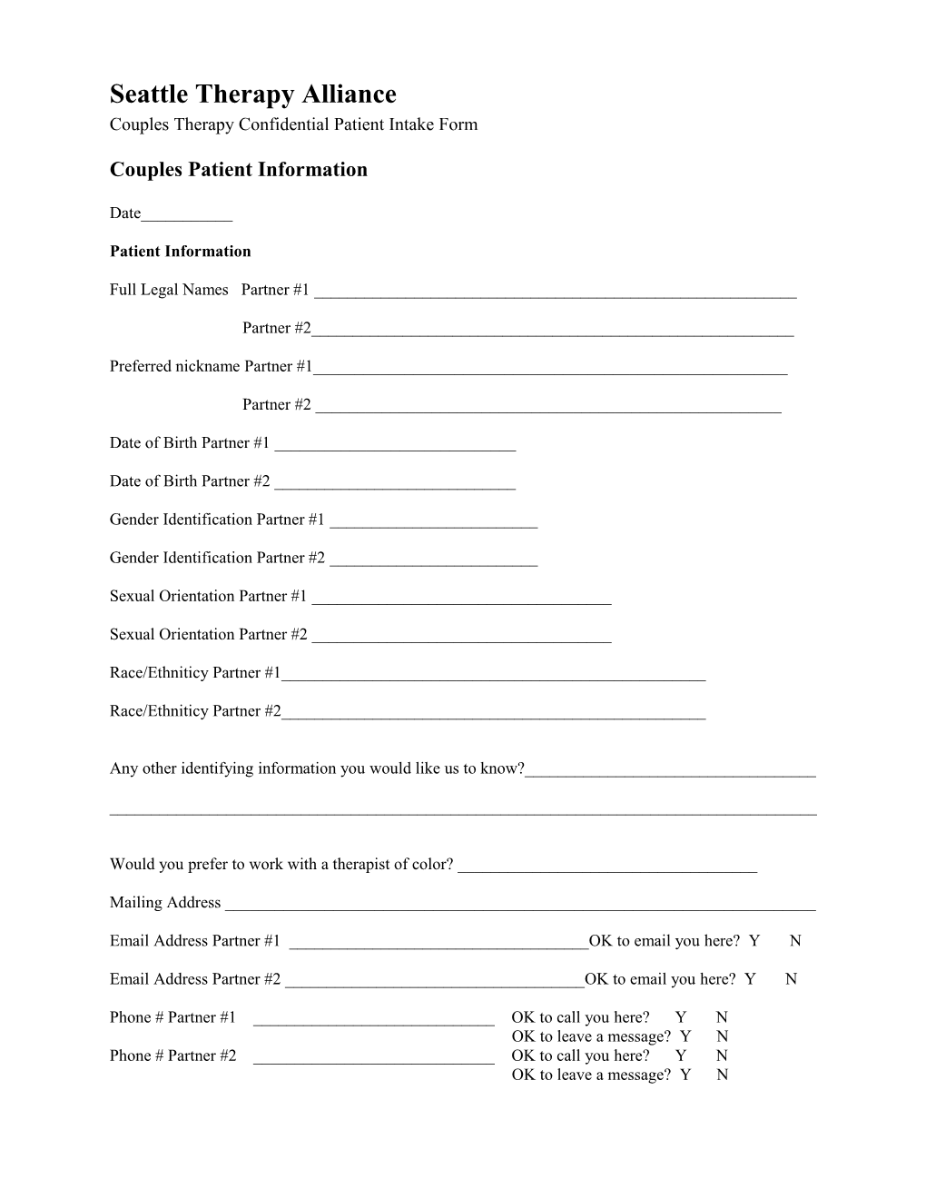 STA COUPLES Confidential Intake Form