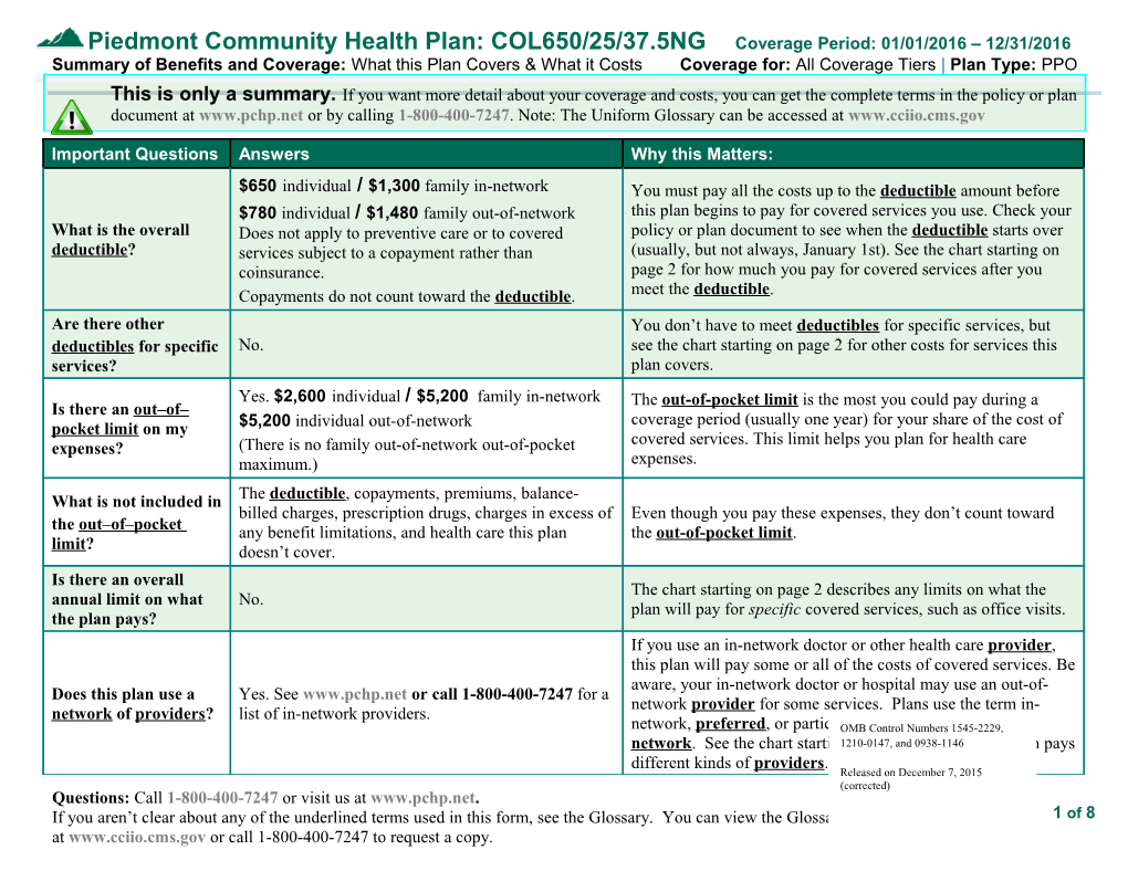 Piedmont Community Health Plan:COL650/25/37.5NG Coverage Period: 01/01/2016 12/31/2016