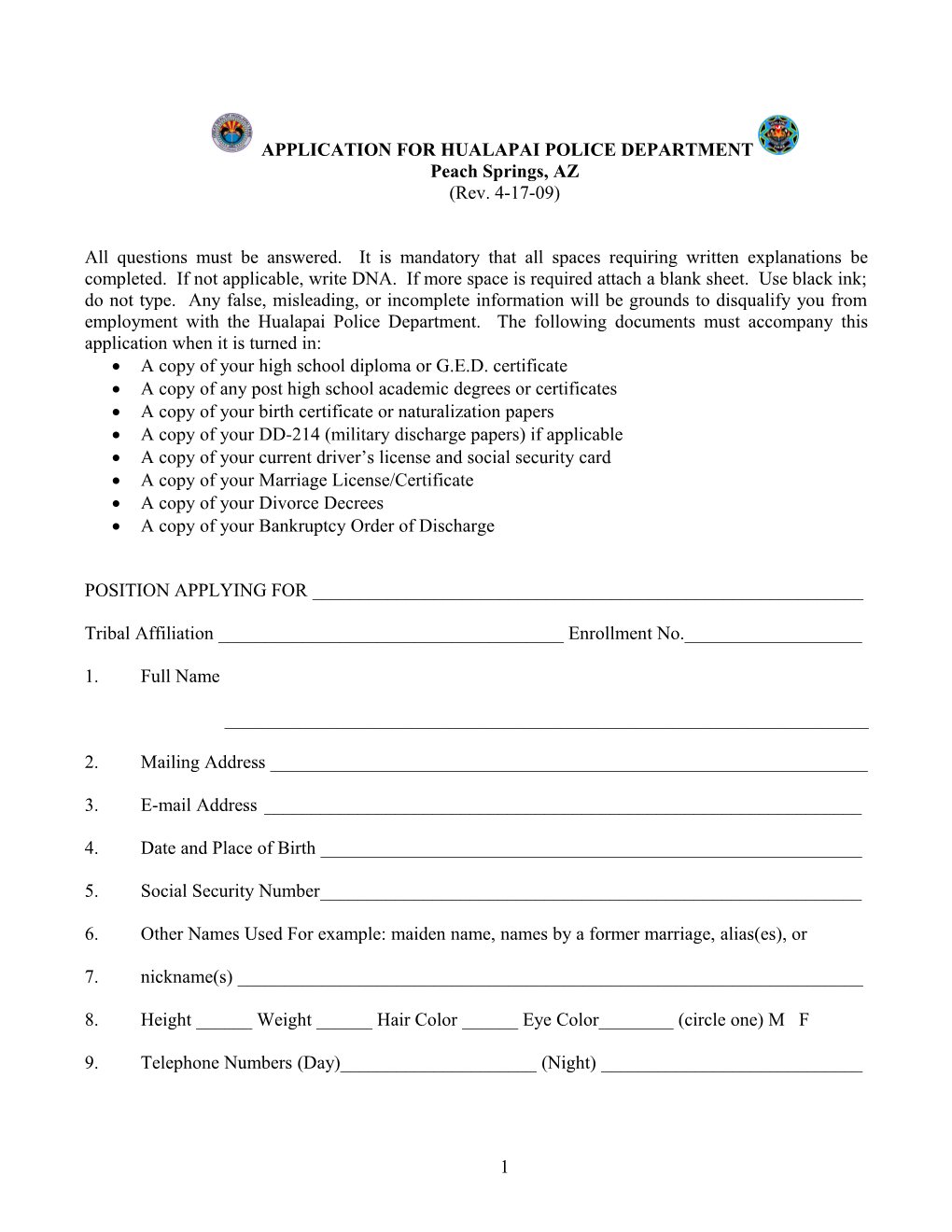 Application for Hualapai Nation Police Department
