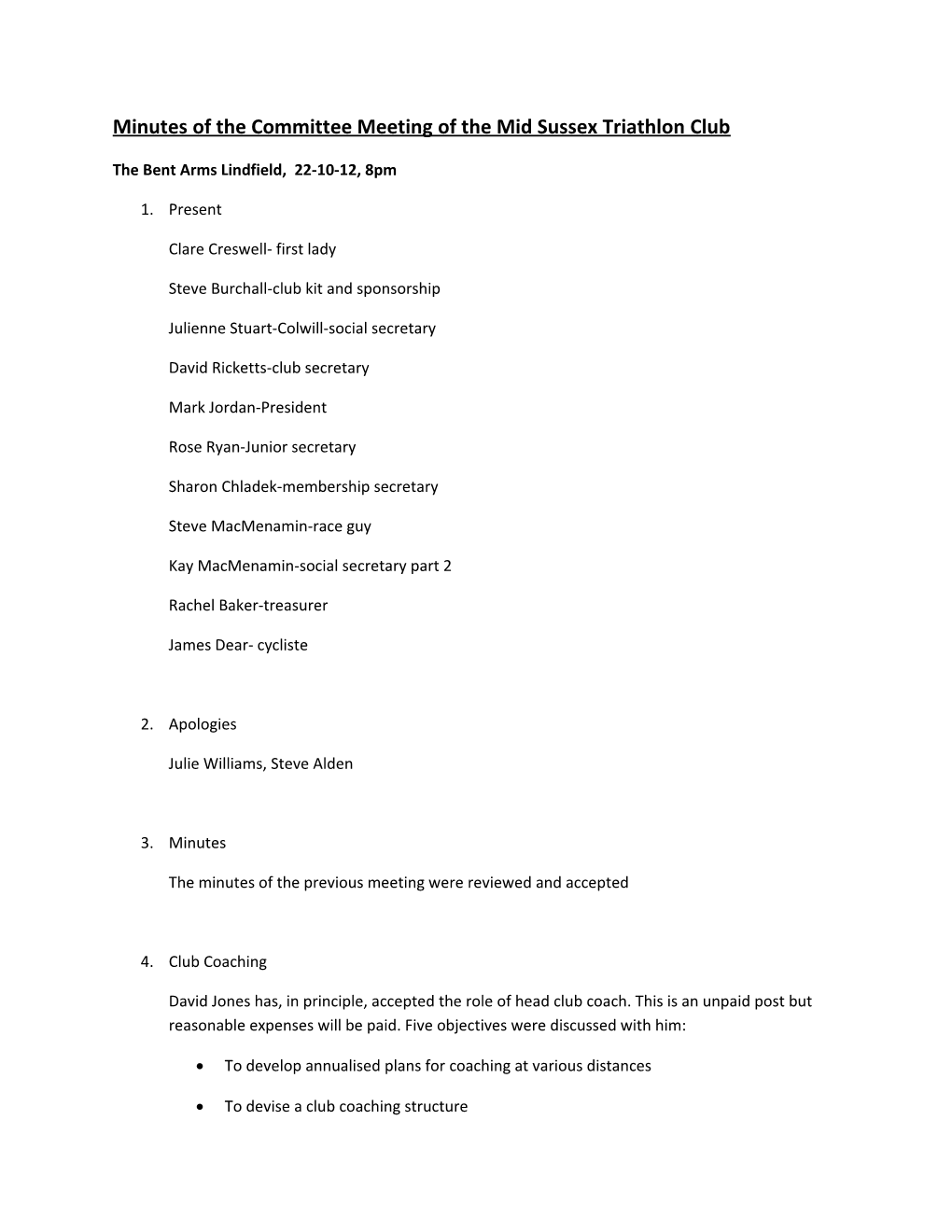 Minutes of the Committee Meeting of the Mid Sussex Triathlon Club