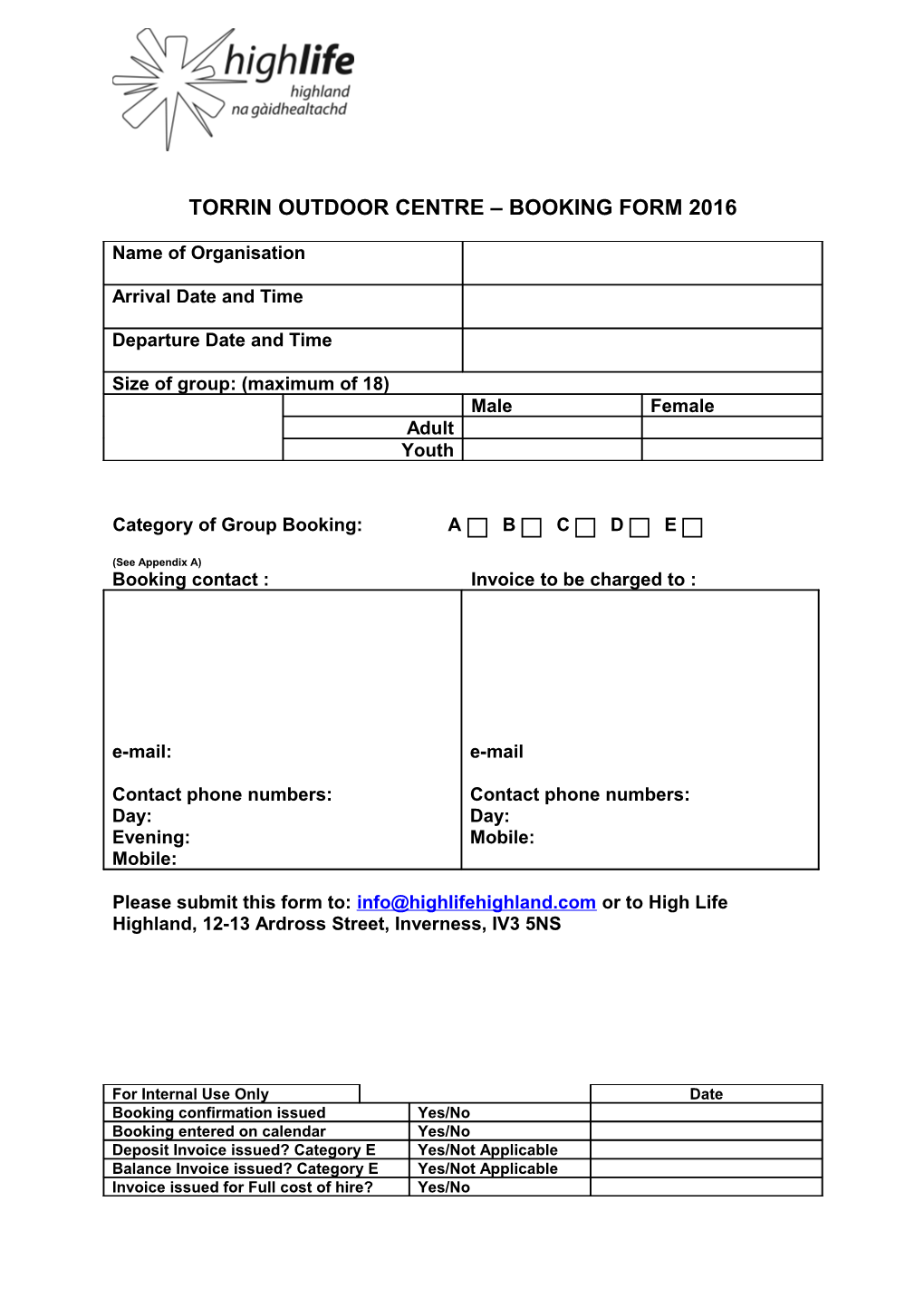 Torrin Outdoor Centre Booking Form 2016