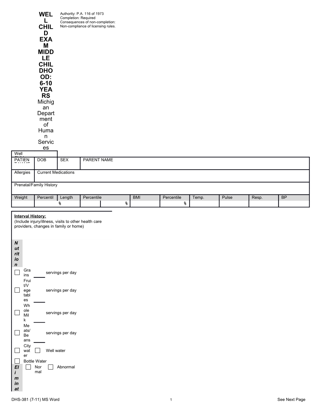 DHS-381, Well Child Exam Middle Childhood: 6-10 Years