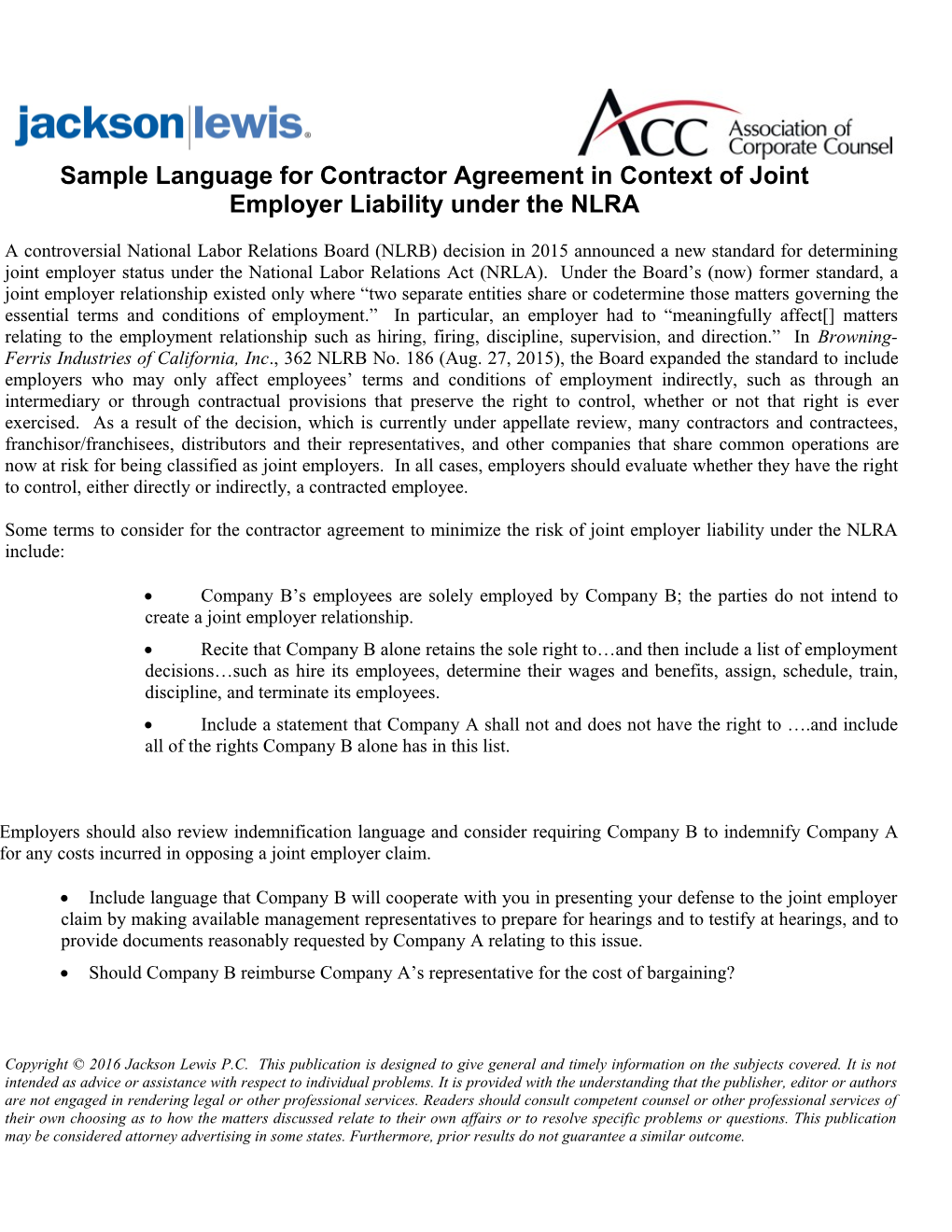 Sample Language for Contractor Agreement in Context of Joint Employer Liability Under the NLRA