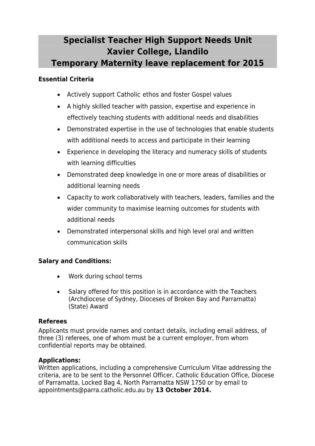 Specialist Teacher High Support Needs Unit