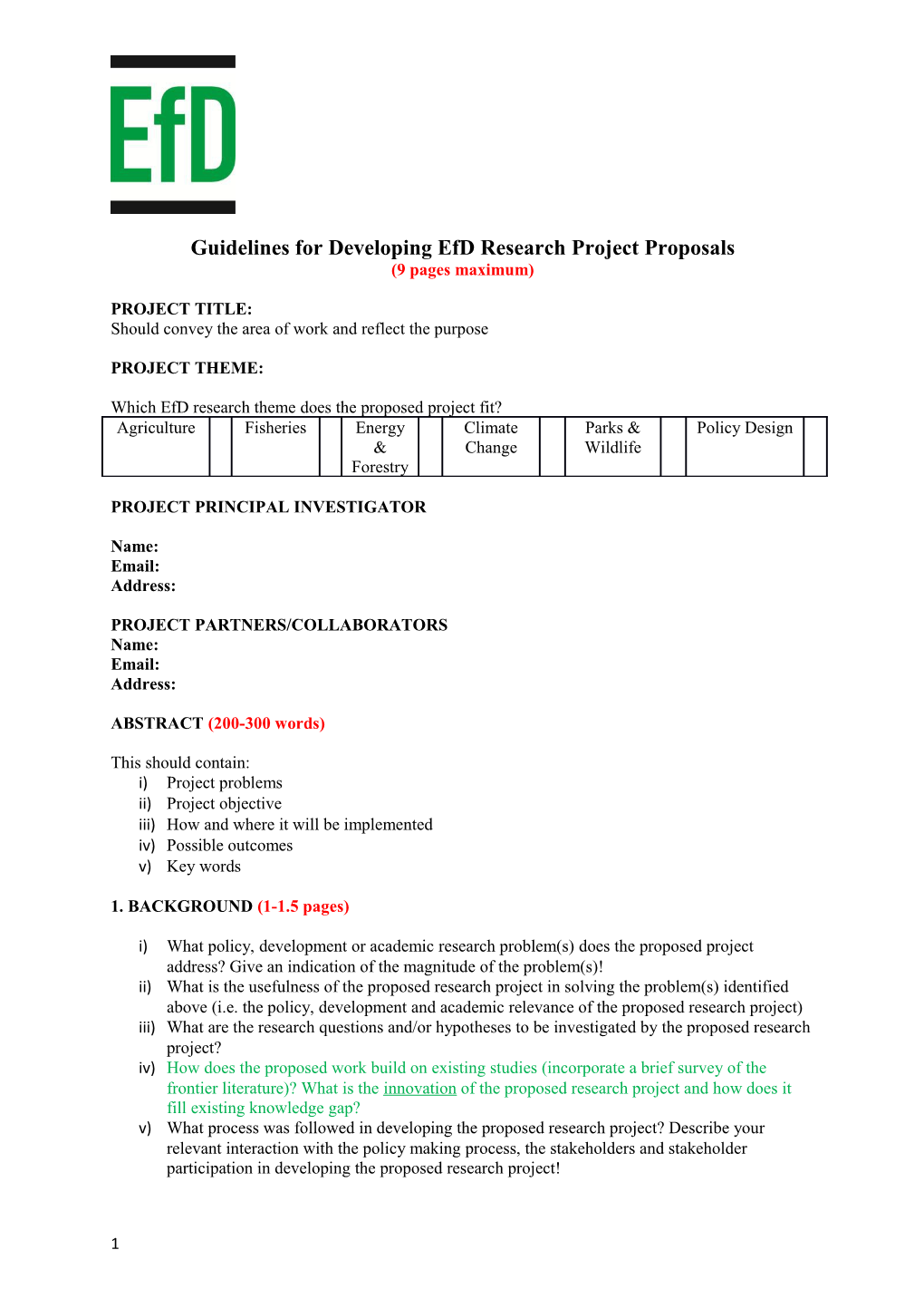 Guidelines for Developing Efd Research Project Proposals