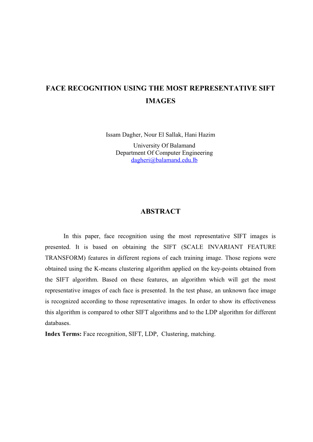 Face Recognition Using the Most Representative Sift Images