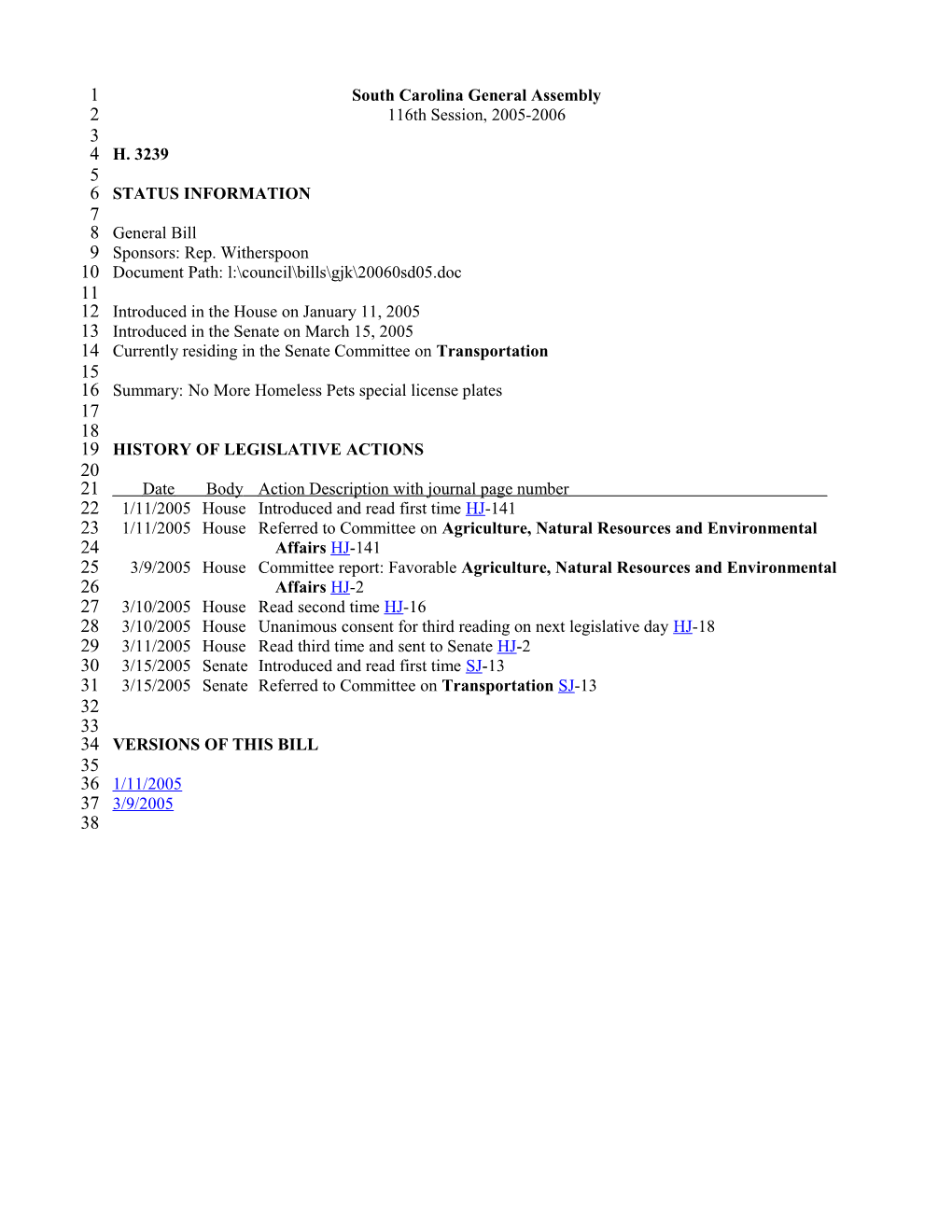 2005-2006 Bill 3239: No More Homeless Pets Special License Plates - South Carolina Legislature