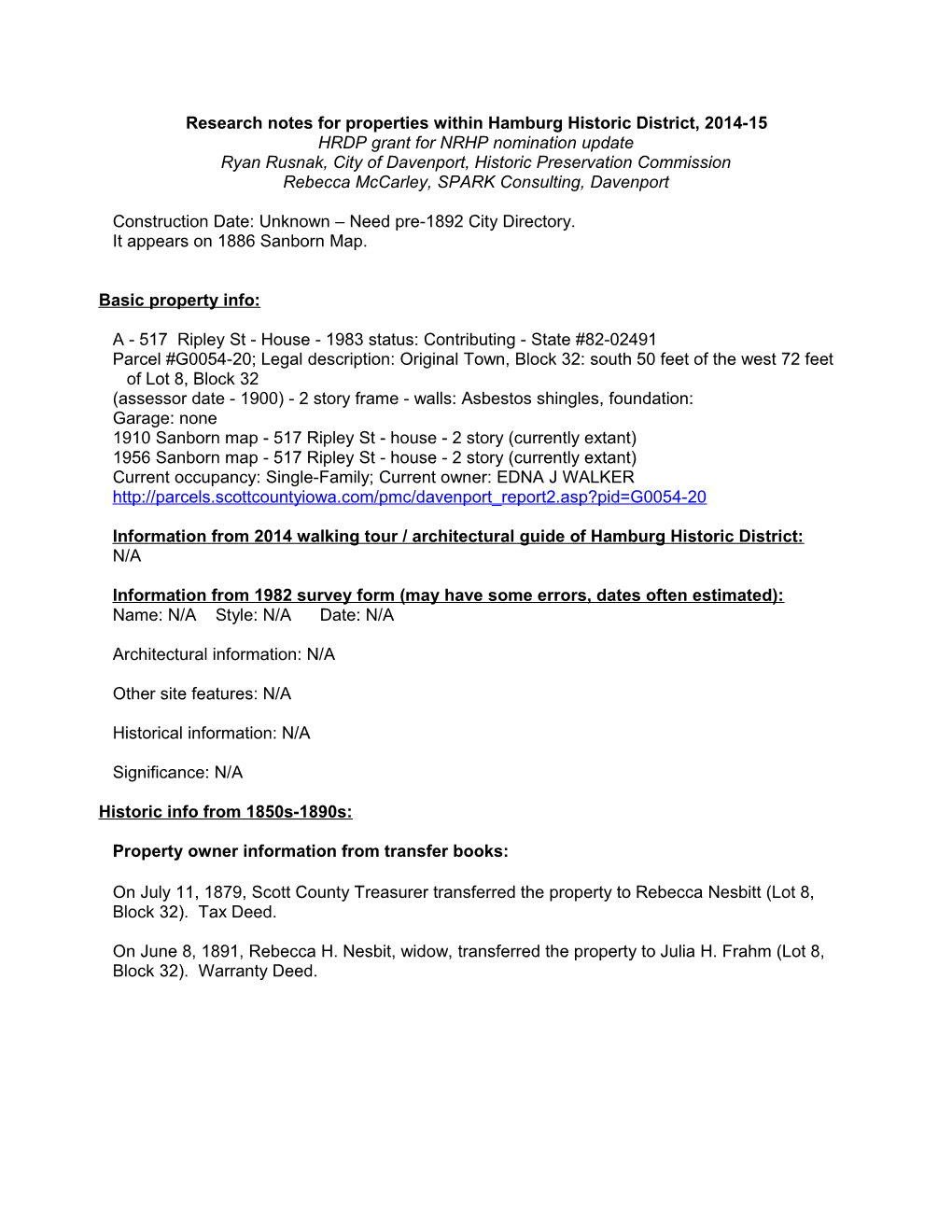 Research Notes for Properties Within Hamburg Historic District, 2014-15