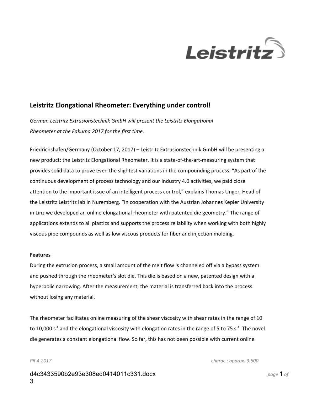 Leistritz Elongational Rheometer: Everything Under Control!
