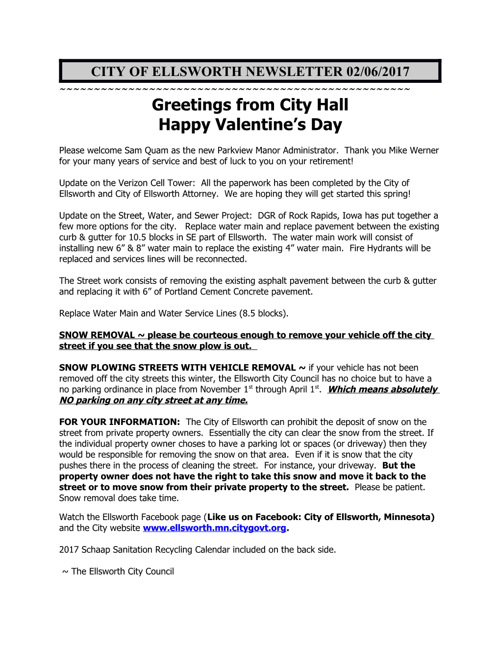 City of Ellsworth Newsletter 02/06/2017