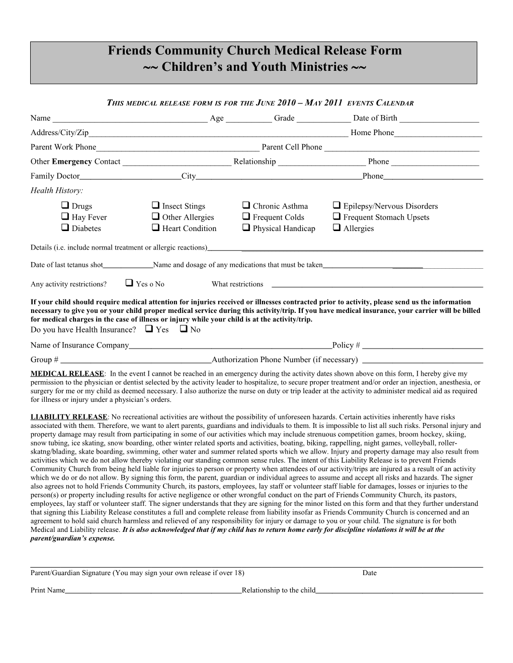 Friends Community Church Medical Release Form