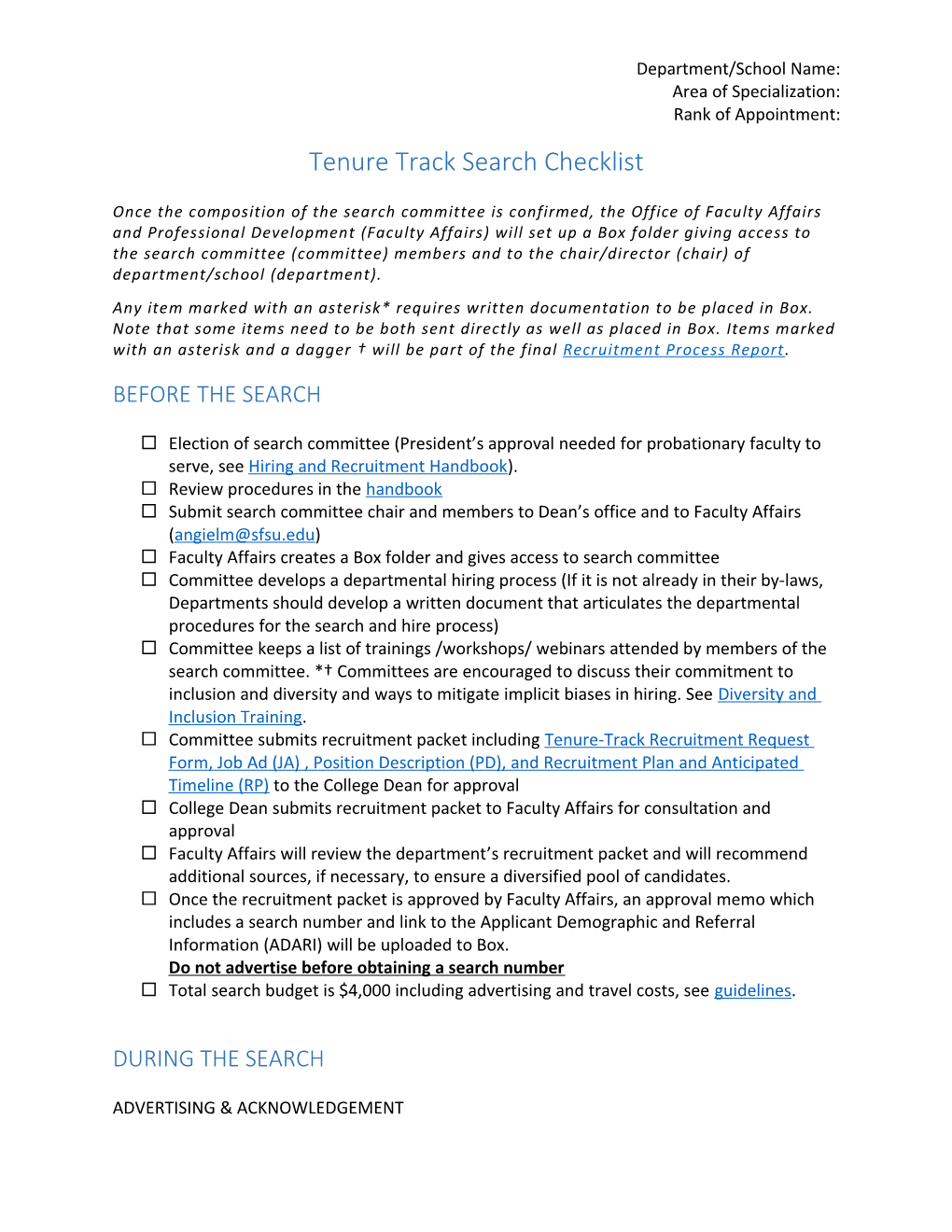 Tenure Track Search Checklist