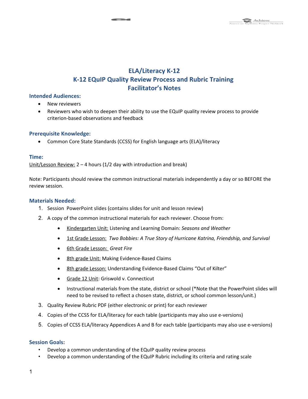 K-12 Equipquality Review Process and Rubric Training