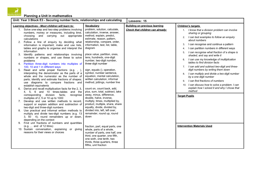 Unit: Year 3 Block E3 - Securing Number Facts, Relationships and Calculating