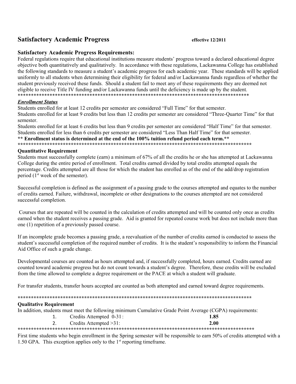 Satisfactory Academic Progress Effective 12/2011