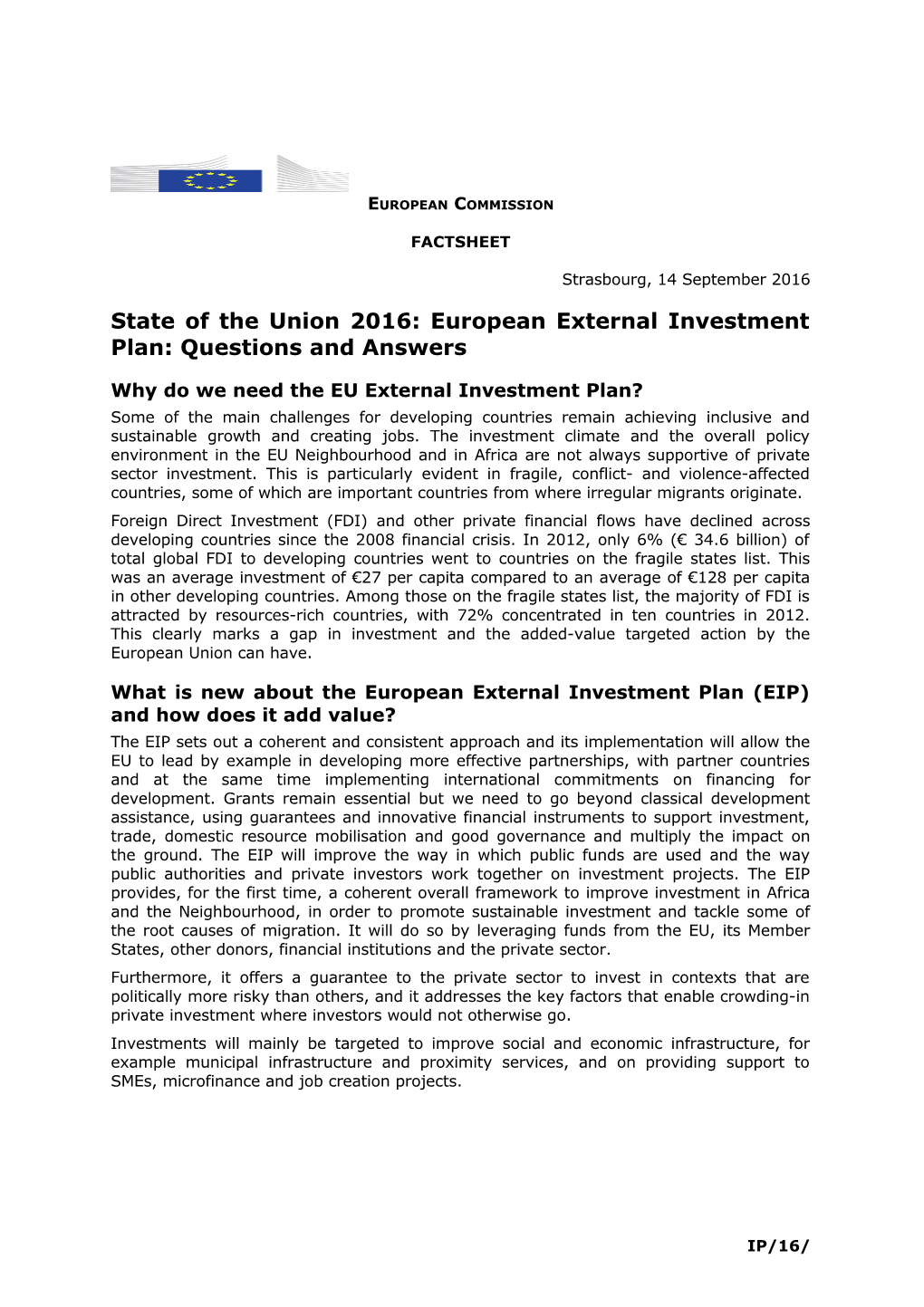 State of the Union 2016: European External Investment Plan: Questions and Answers