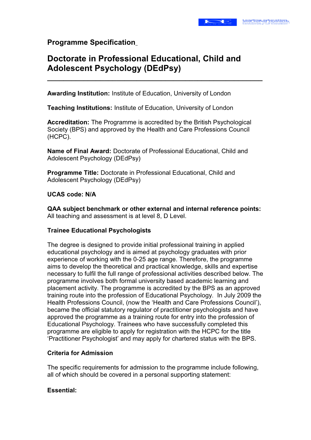 Doctorate in Professional Educational, Child and Adolescent Psychology (Dedpsy)