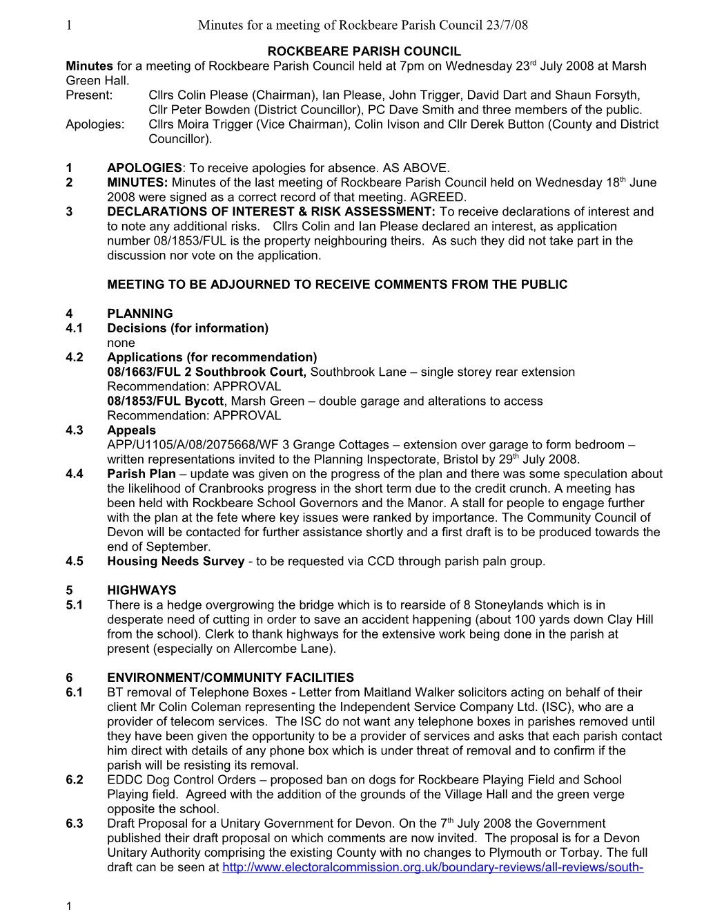 1 Minutes for a Meeting of Rockbeare Parish Council 23/7/08