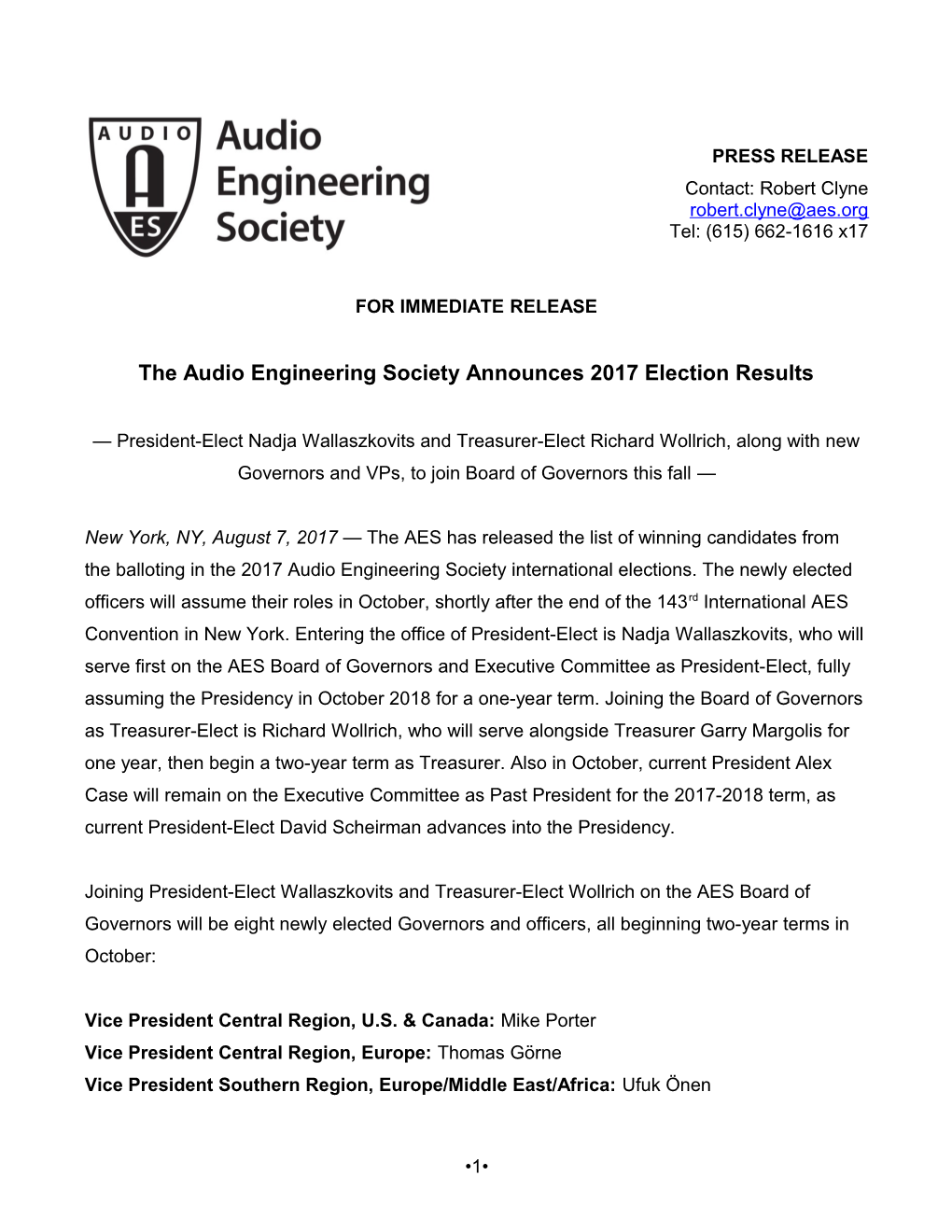 The Audio Engineering Society Announces 2017 Election Results