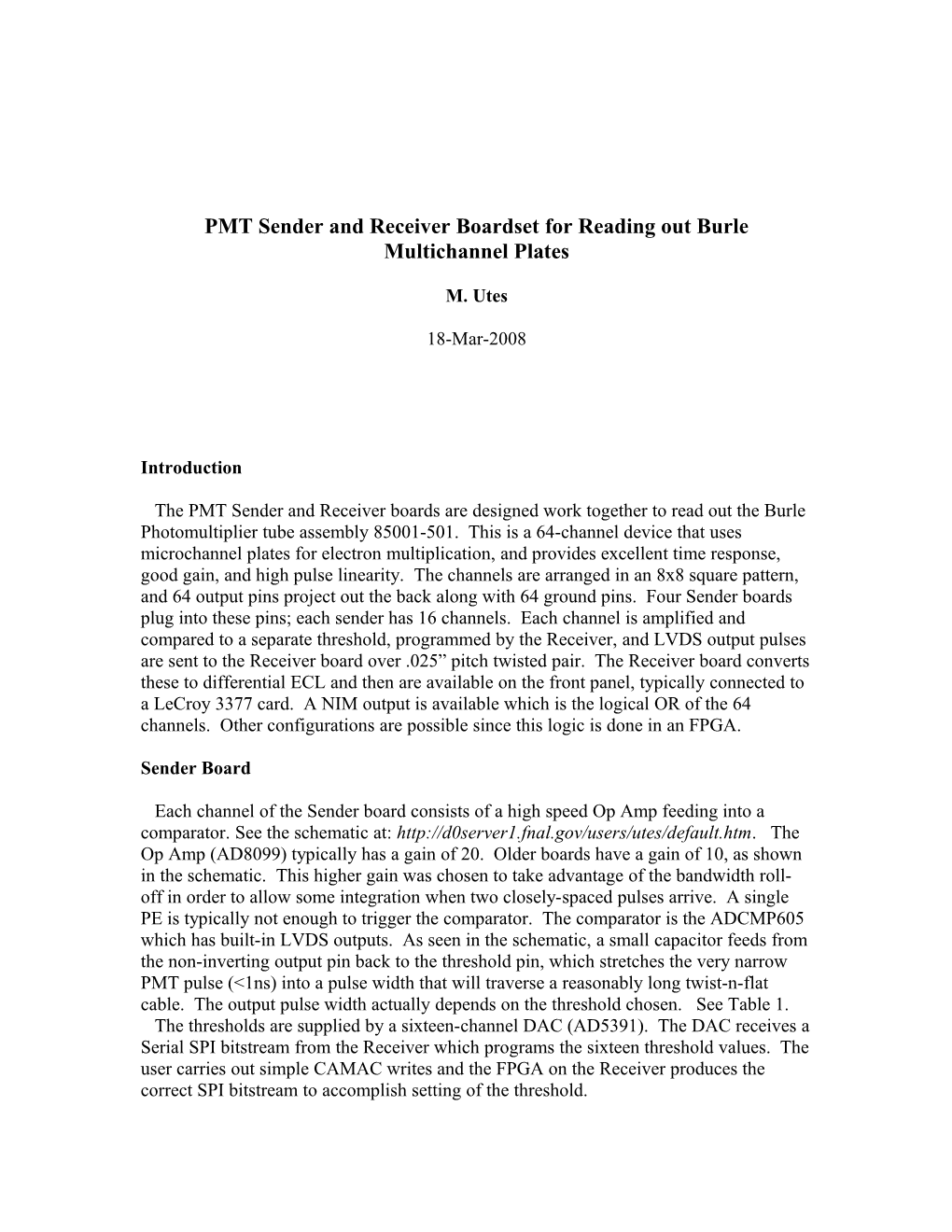 PMT Sender and Receiver Boardset for Reading out Burle Multichannel Plates