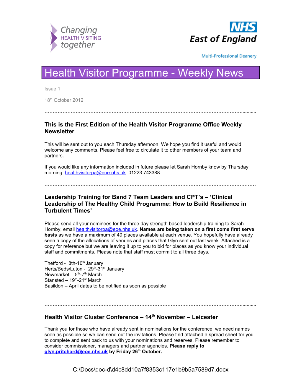 This Is the First Edition of the Health Visitor Programme Office Weekly Newsletter