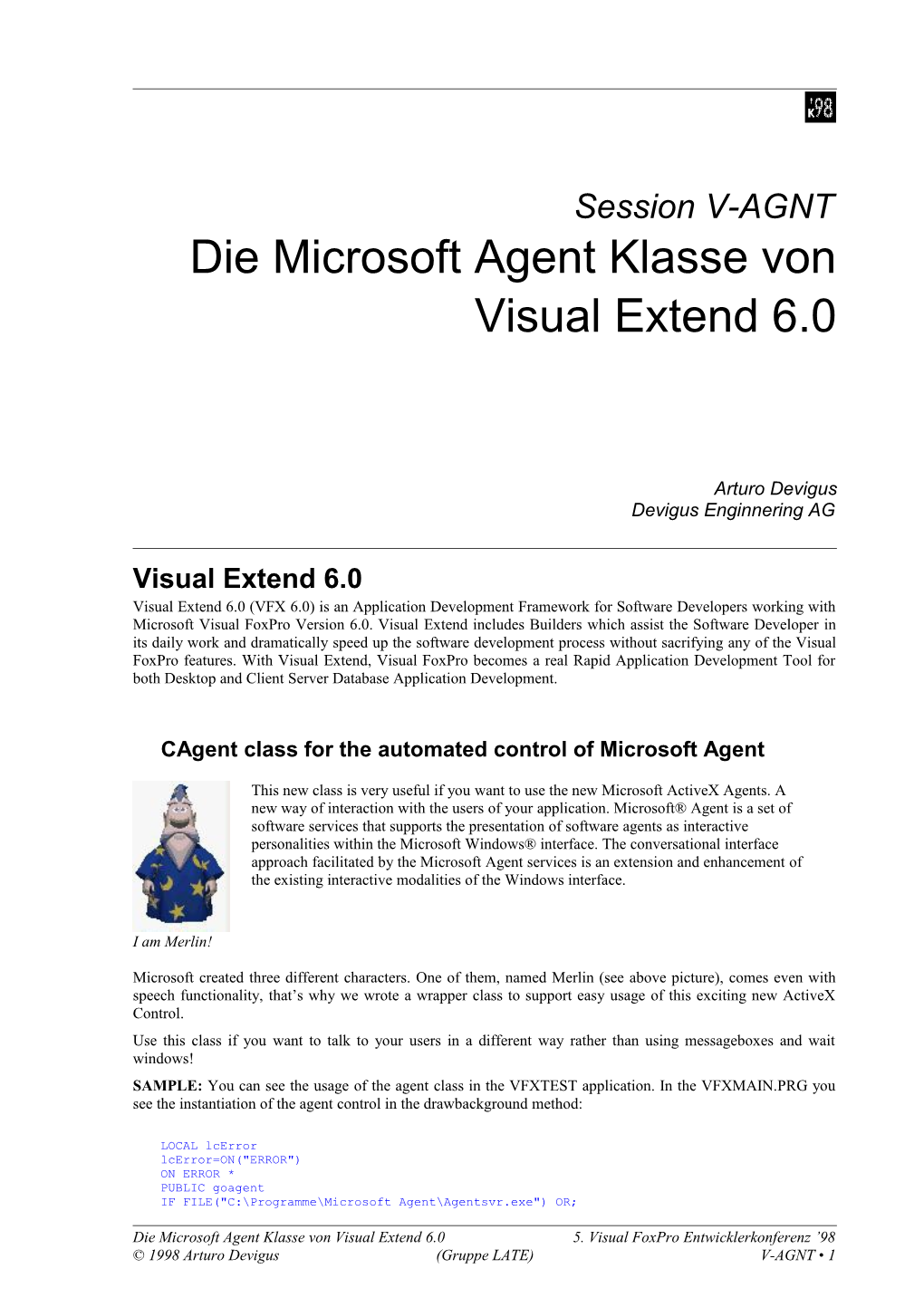 Die Microsoft Agent Klasse Von Visual Extend 6.0