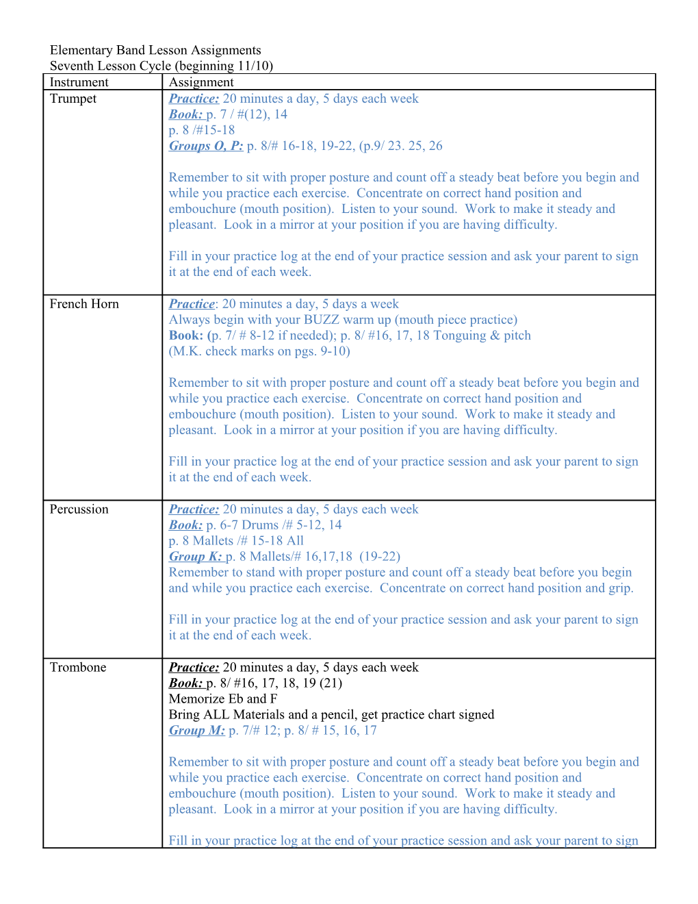 Elementary Band Lesson Assignments