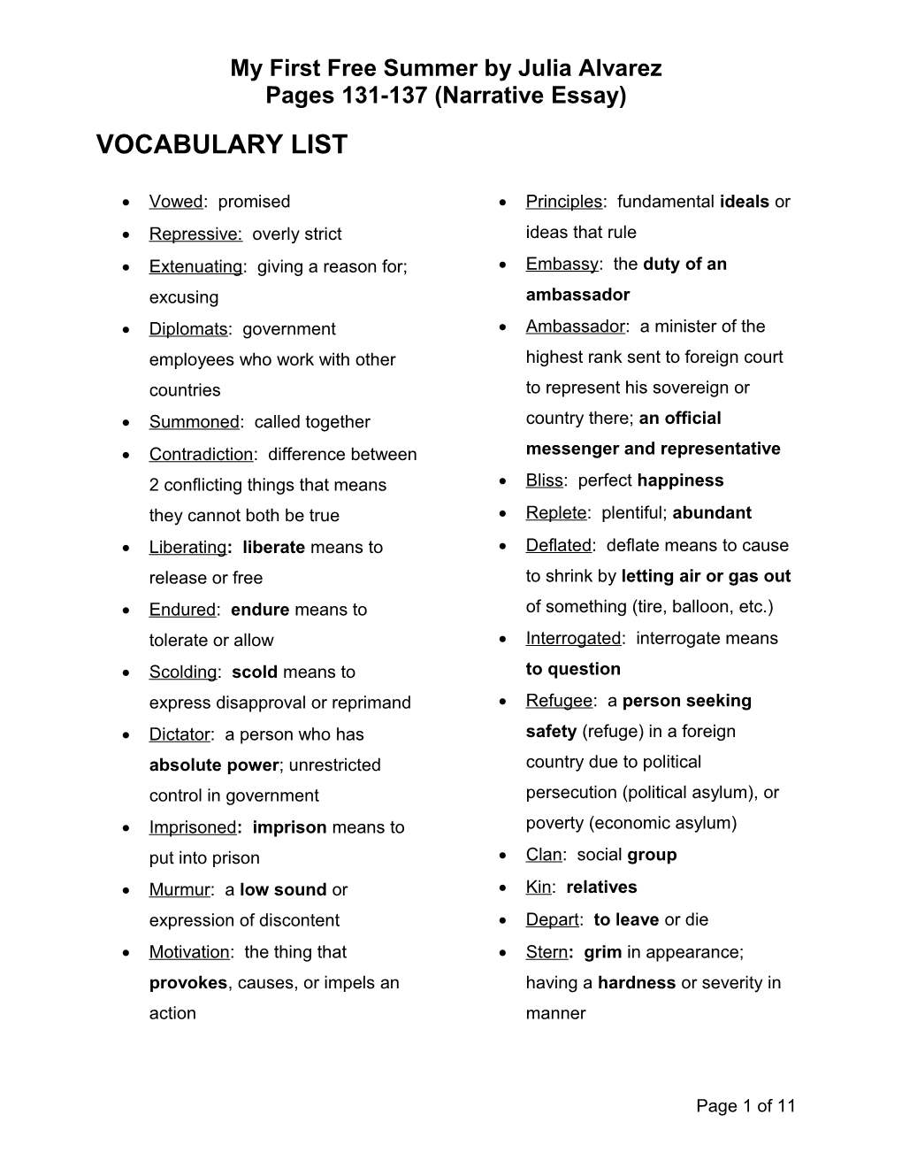 Vocabulary List in Order of Appearance