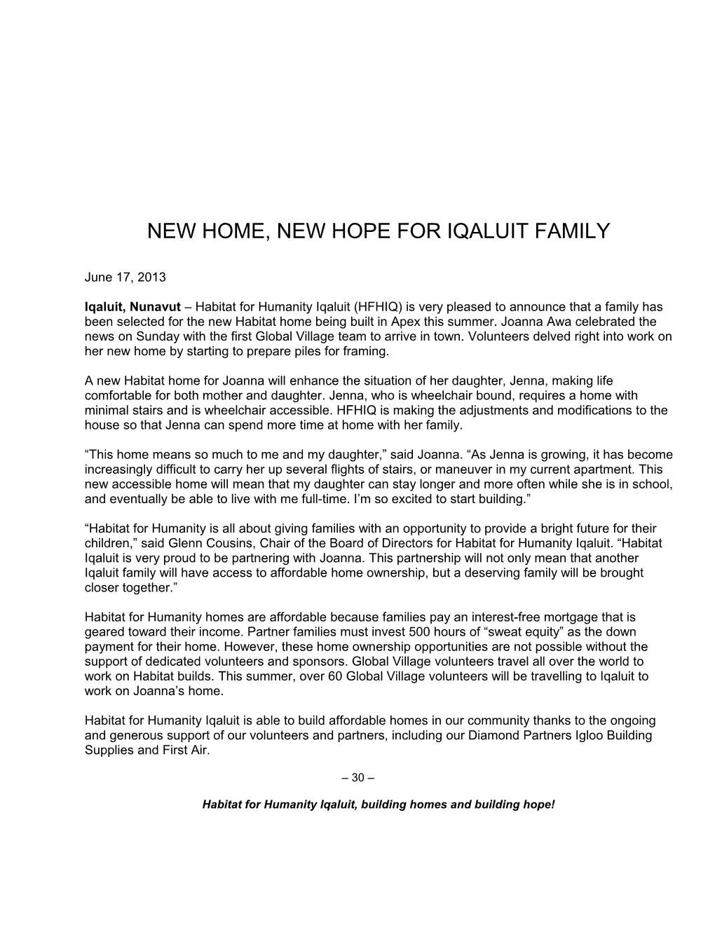 New Home, New Hope for Iqaluit Family