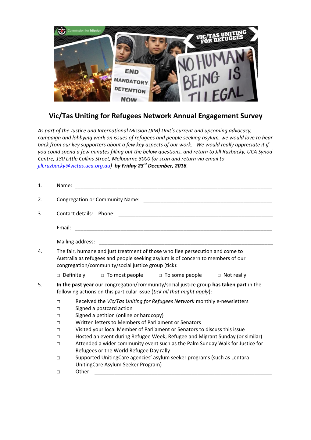 Vic/Tas Uniting for Refugees Network Annual Engagement Survey