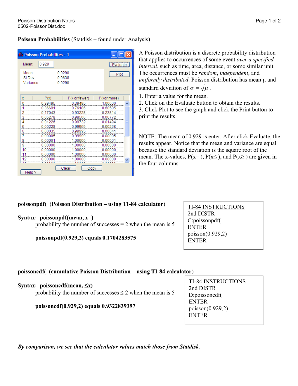 Poisson Probabilities (Statdisk Found Under Analysis)