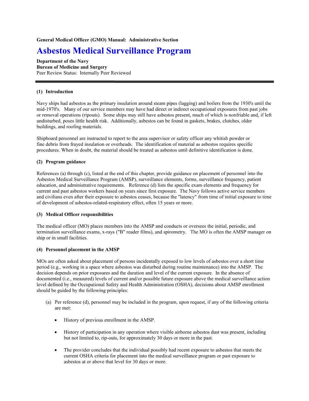 General Medical Officer (GMO) Manual: Asbestos Medical Surveillance Program