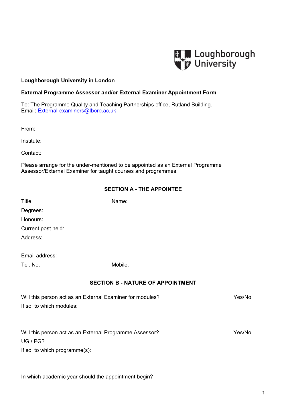External Programme Assessor And/Or External Examiner Appointment Form