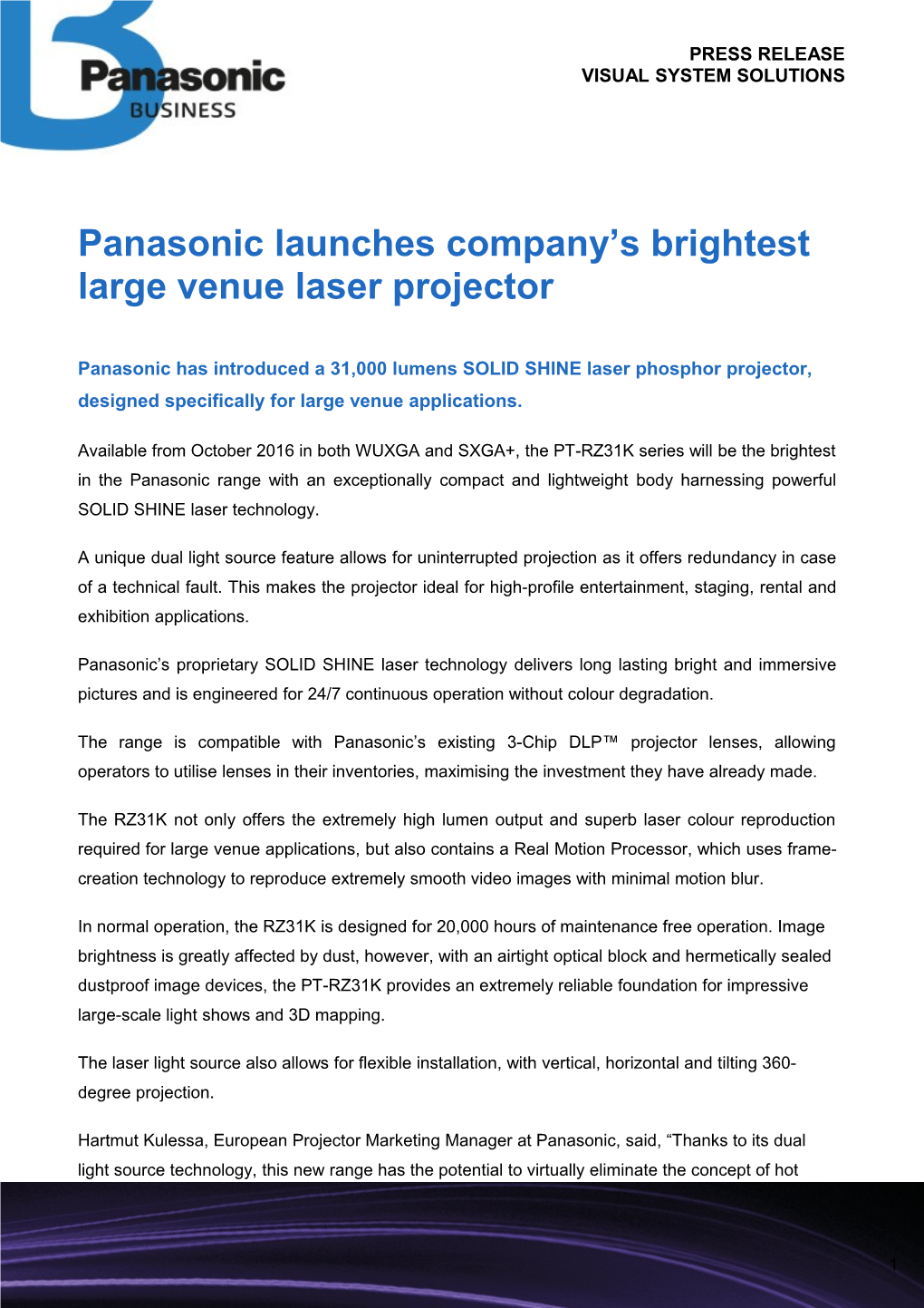 Panasonic Launches Company S Brightest Large Venue Laser Projector