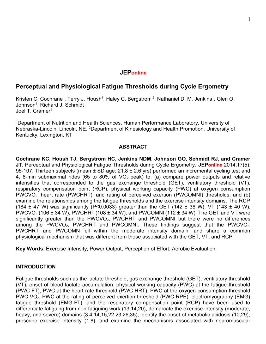 Perceptual and Physiological Fatigue Thresholds During Cycle Ergometry