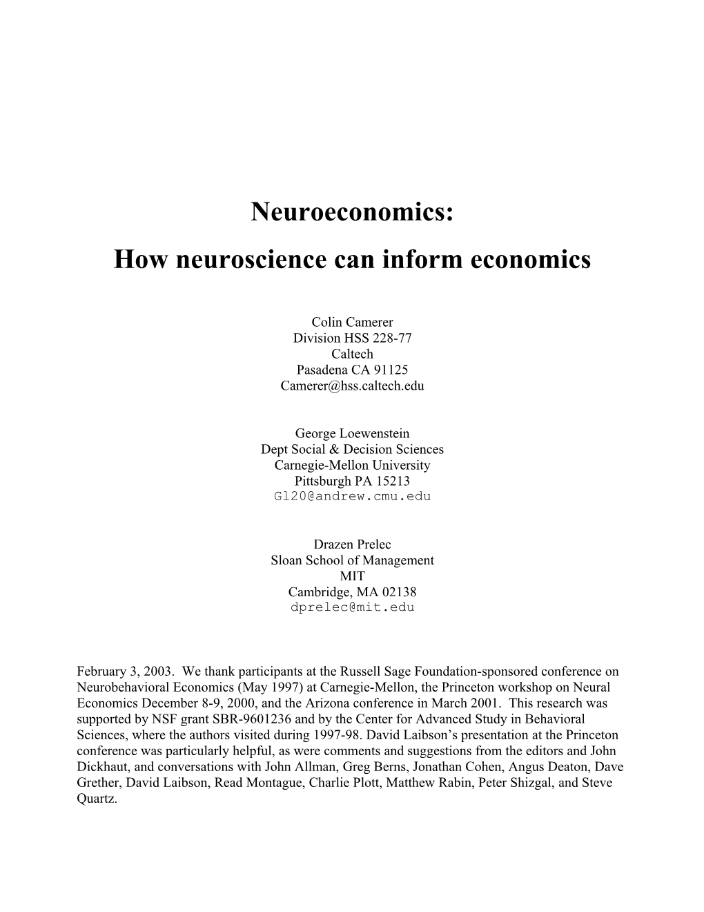 Gray Matters: How Neuroscience Can Inform Economics